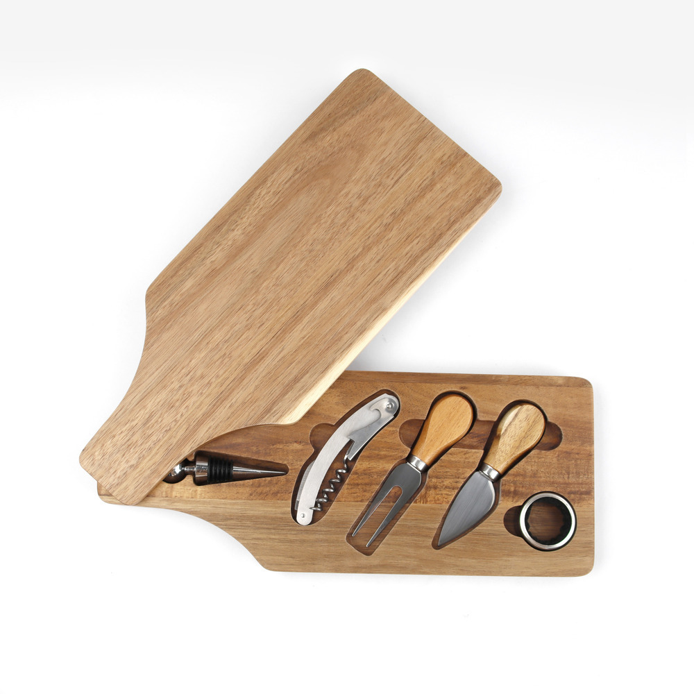 5-in-1 Wine and Cheese Tool Set with Wooden Serving Tray – Corkscrew, Cheese Knives, Wine Stopper & Ring Kit